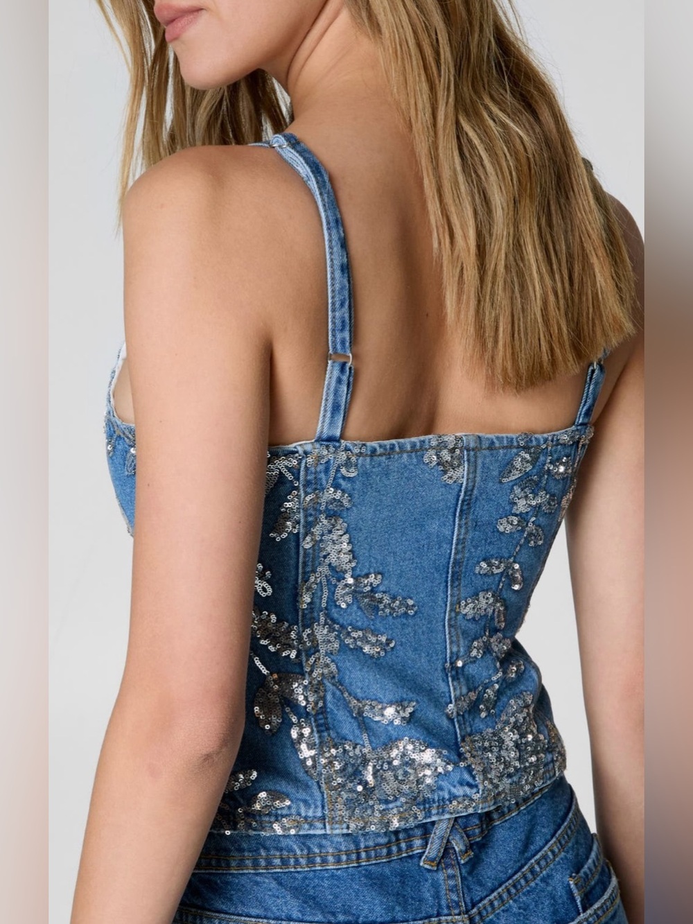 Nasty Gal Floral Sequin Denim Corset Camisole in Authentic Denim - Picture 2 of 8